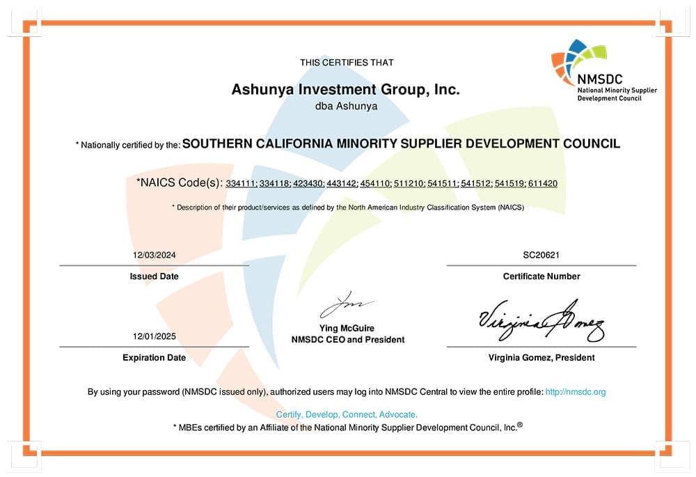 SCMSDC Certificate - Ashunya Investment Group, Inc.